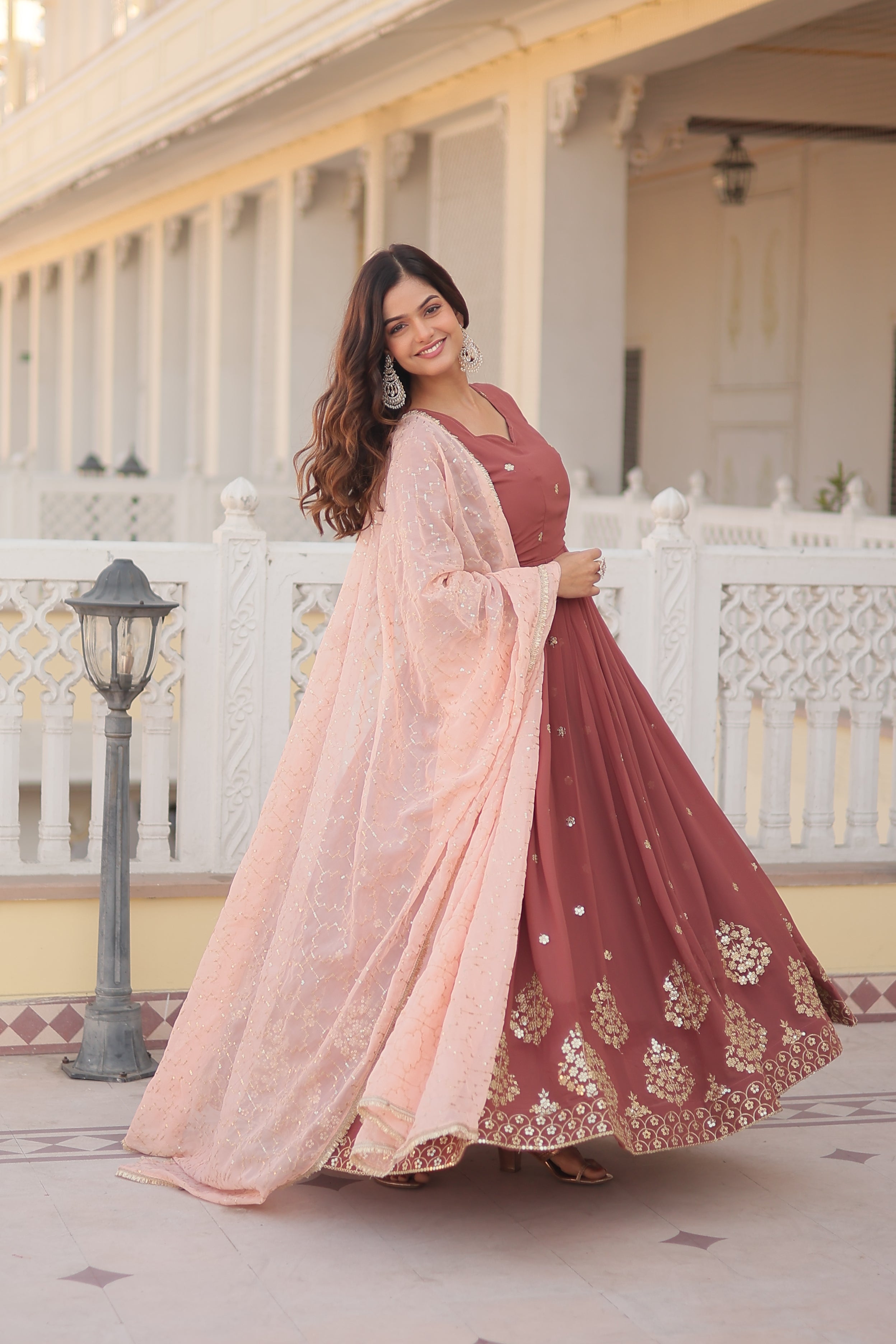 APURVA PEACH GEORGETTE EMBROIDERED GOWN WITH DUPATTA