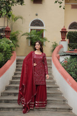 AXARA MAROON  SEQUINS & THREAD WORK TOP SHARARA DUPATTA SET