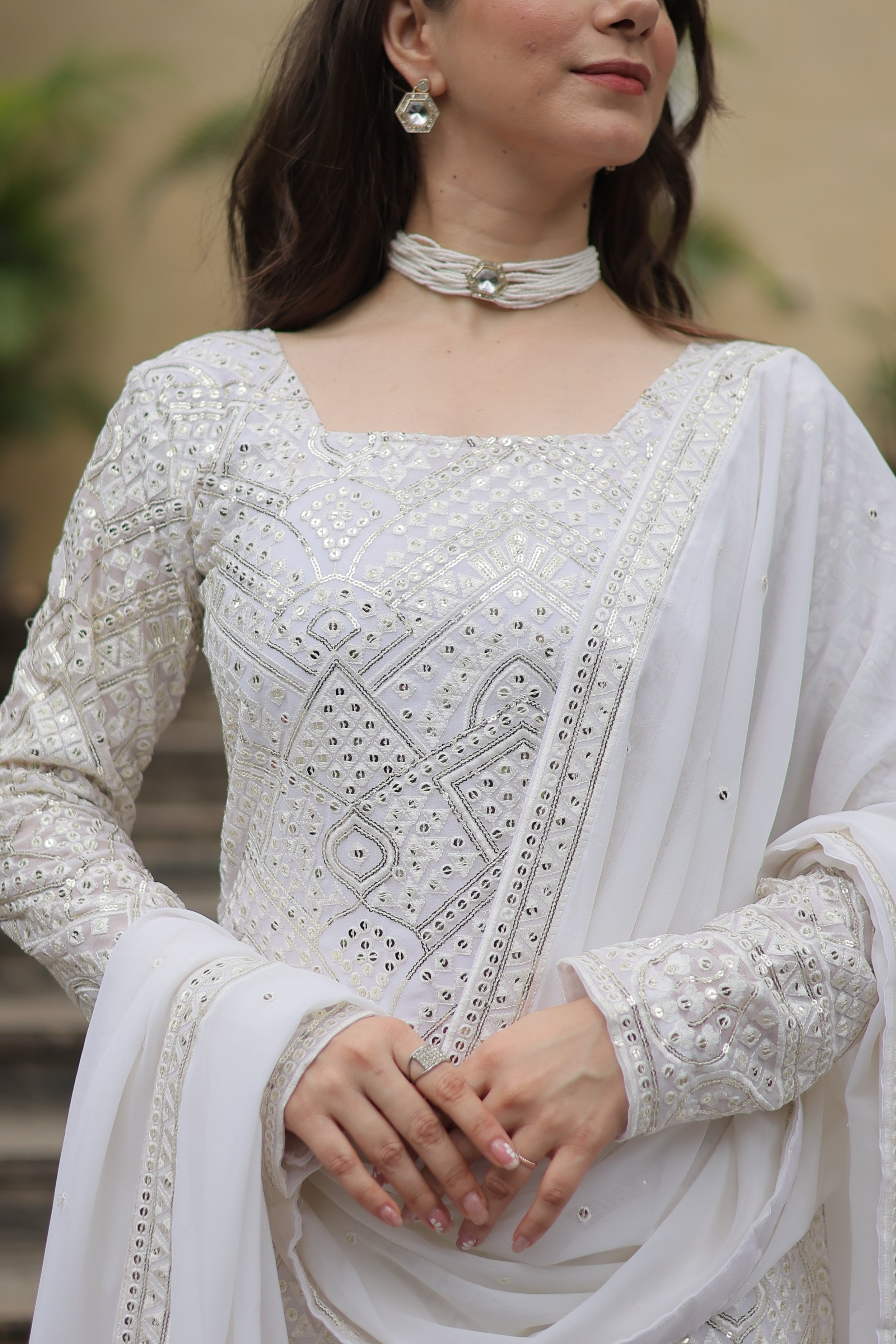 AXARA WHITE  SEQUINS & THREAD WORK TOP SHARARA DUPATTA SET