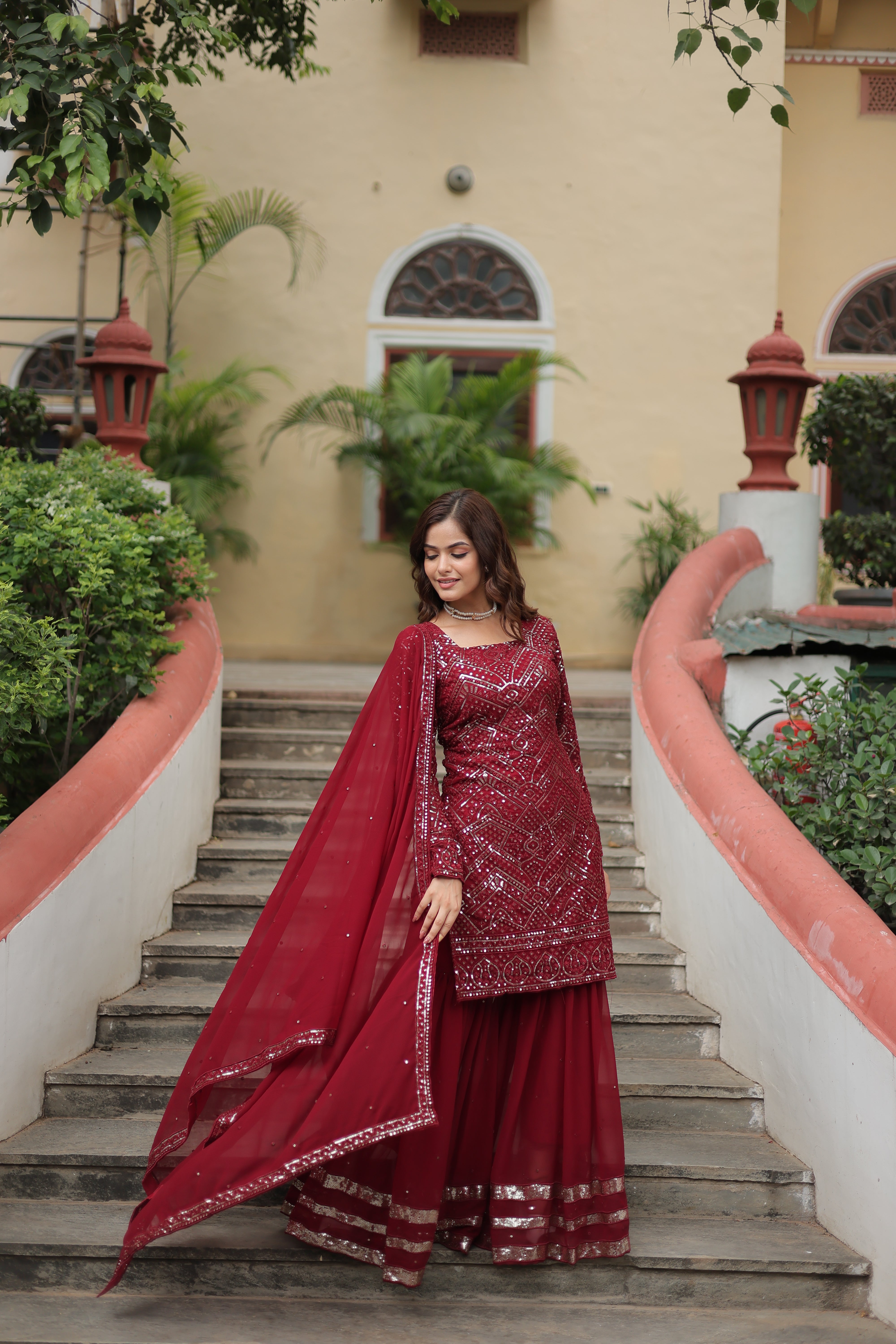 AXARA MAROON  SEQUINS & THREAD WORK TOP SHARARA DUPATTA SET