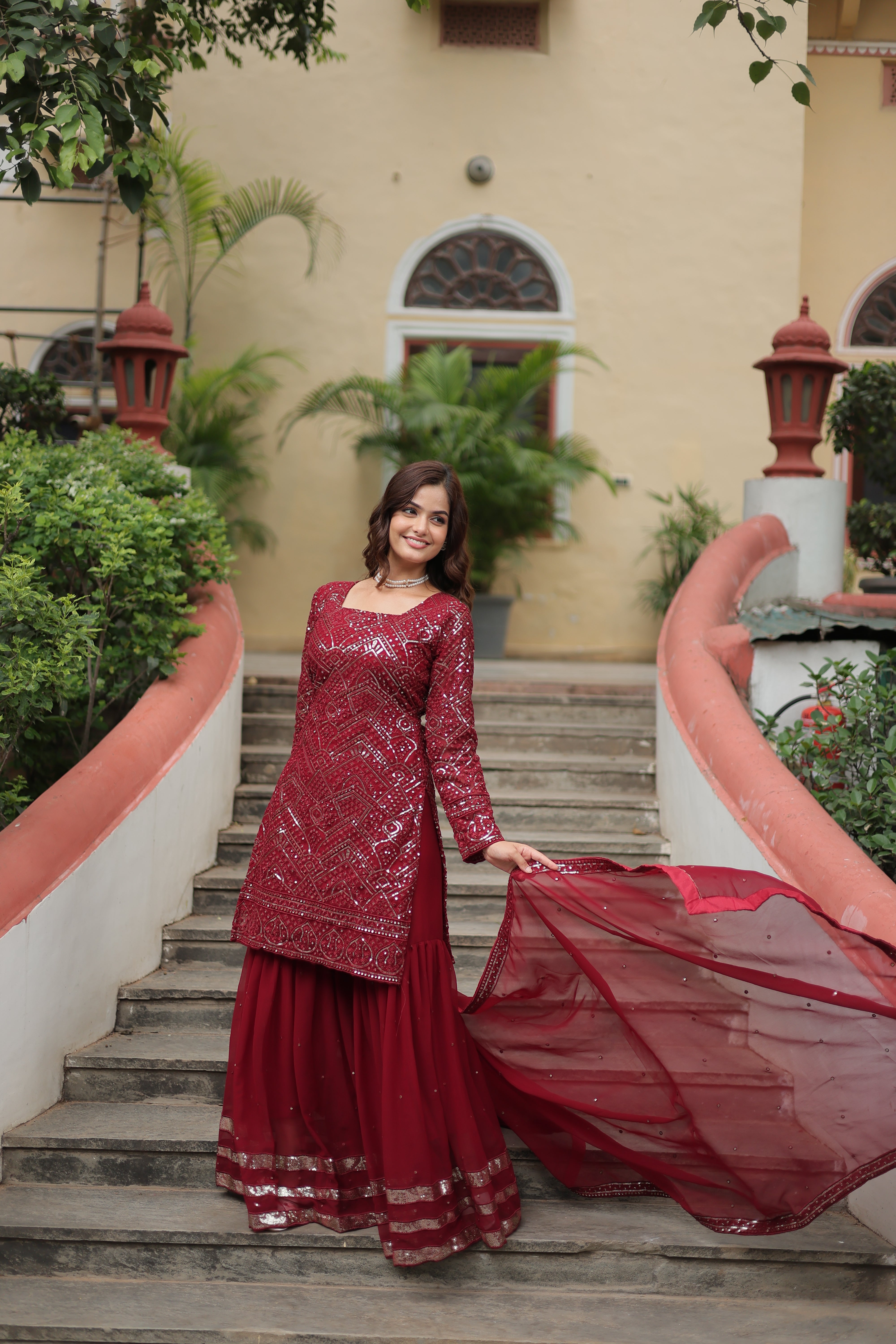 AXARA MAROON  SEQUINS & THREAD WORK TOP SHARARA DUPATTA SET