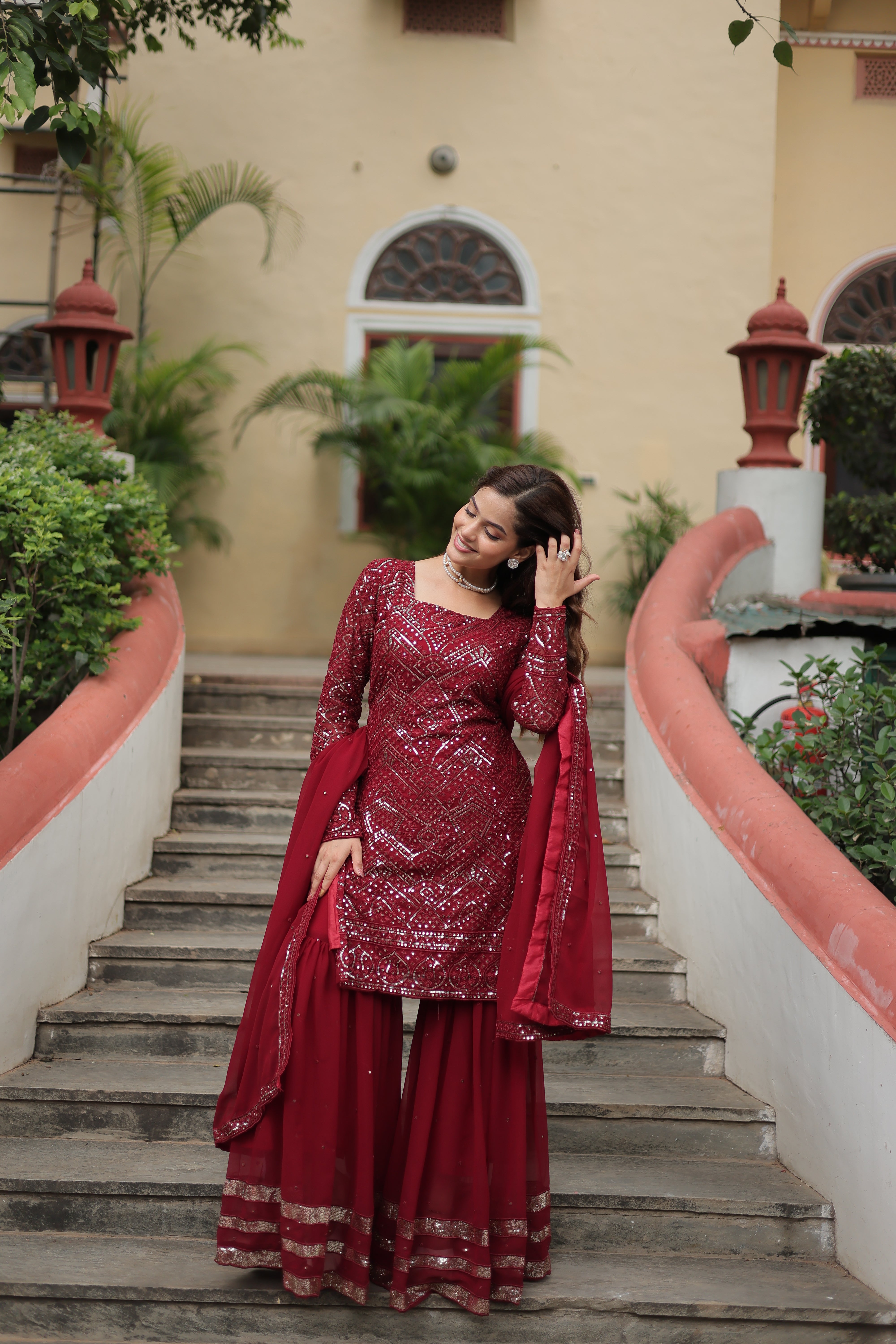 AXARA MAROON  SEQUINS & THREAD WORK TOP SHARARA DUPATTA SET