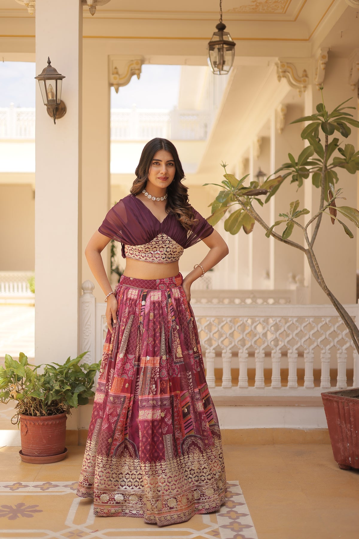 KAVYA WINE LEHENGA CHOLI DIGITAL PRINT WITH FOIL EMBROIDERED WORK