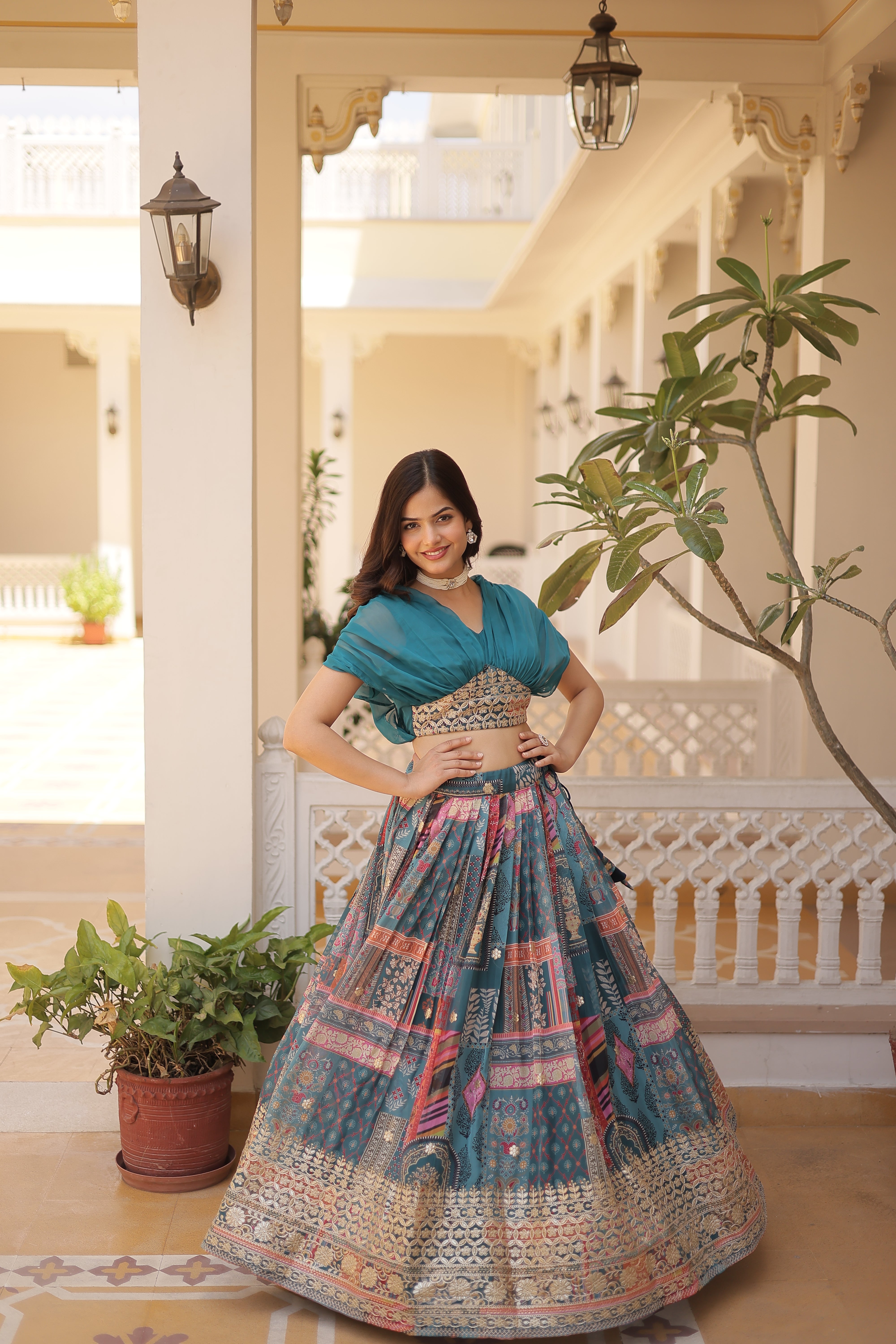 KAVYA RAMA GREEN LEHENGA CHOLI DIGITAL PRINT WITH FOIL EMBROIDERED WORK