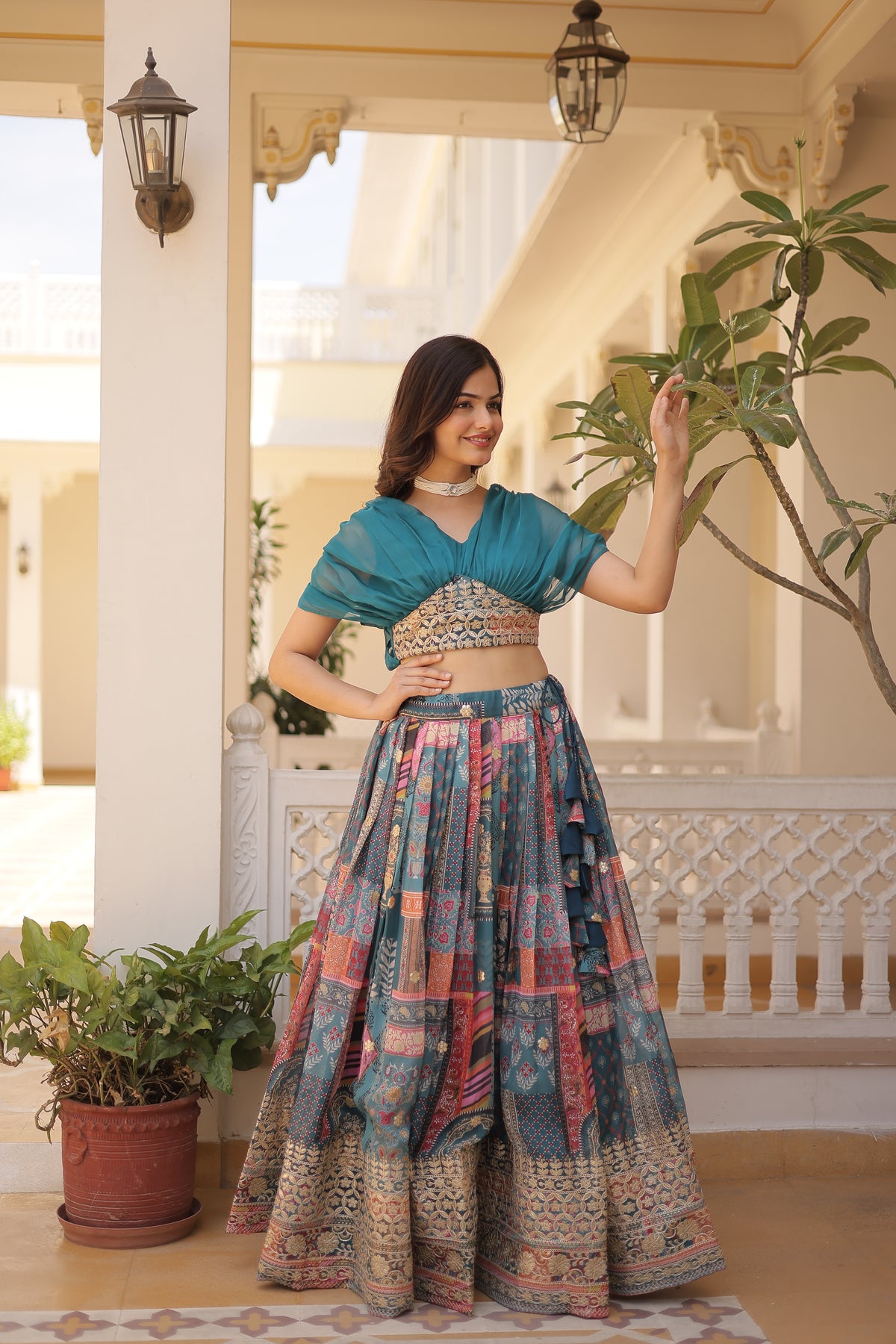 KAVYA RAMA GREEN LEHENGA CHOLI DIGITAL PRINT WITH FOIL EMBROIDERED WORK