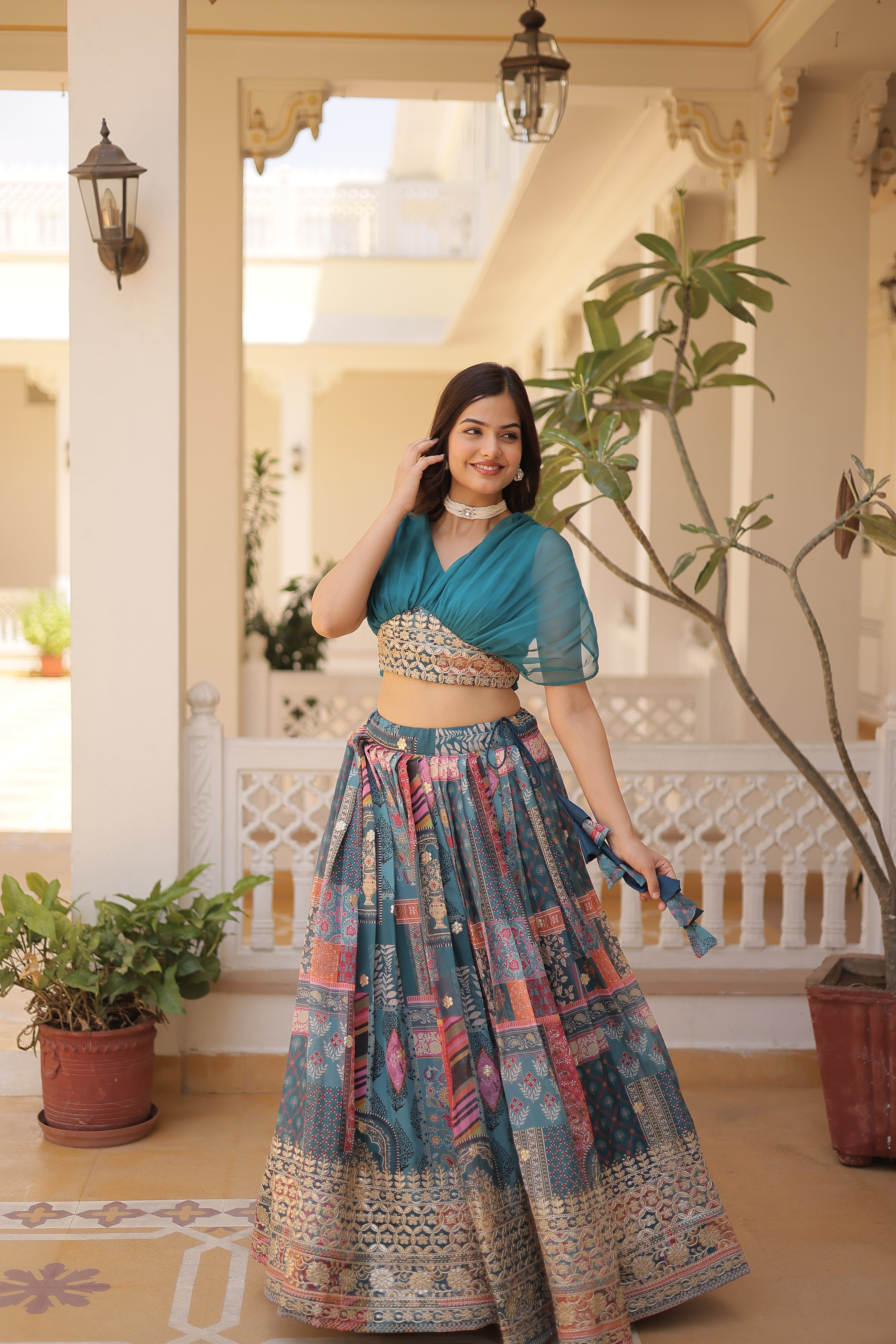 KAVYA RAMA GREEN LEHENGA CHOLI DIGITAL PRINT WITH FOIL EMBROIDERED WORK