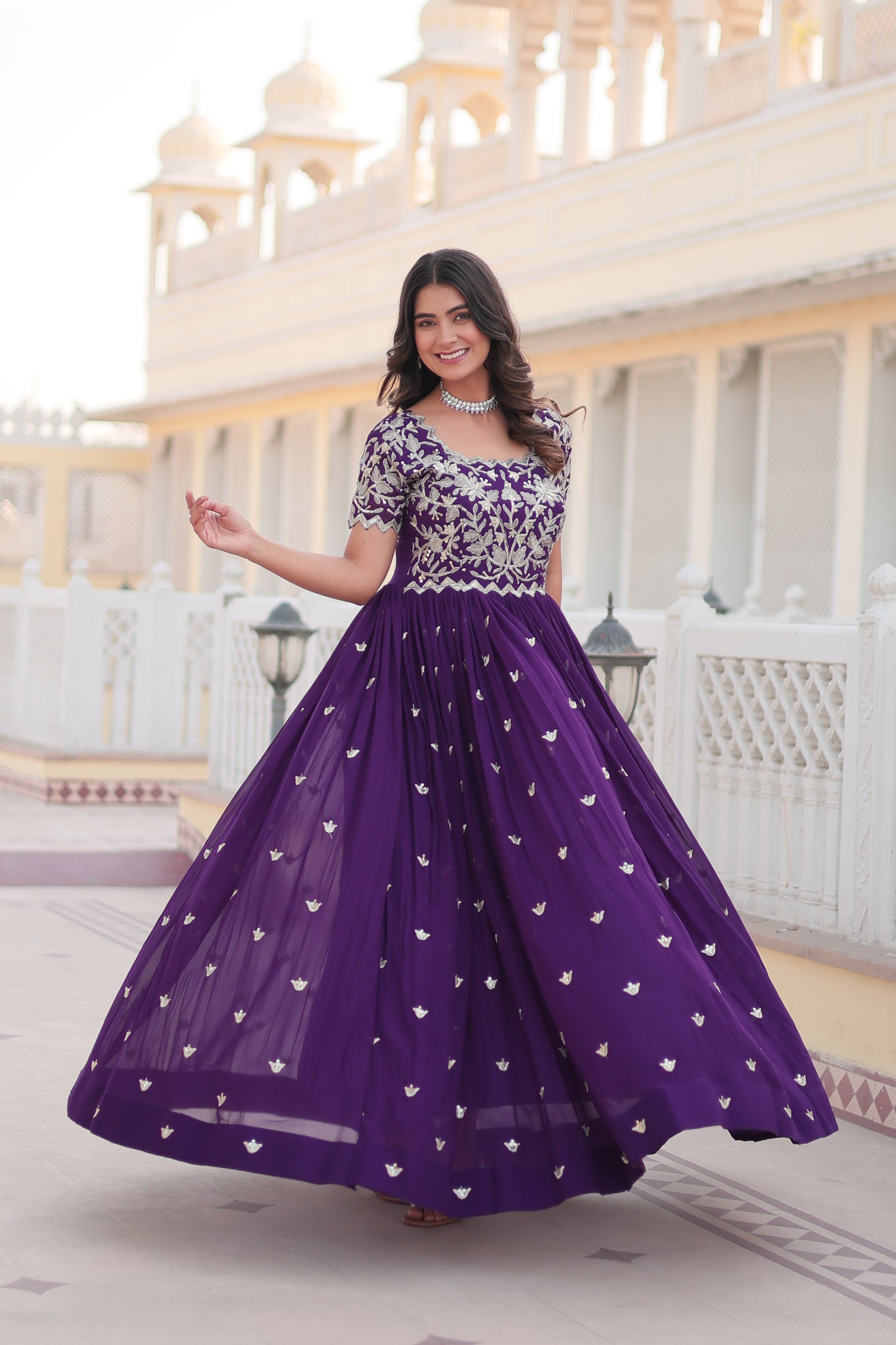 MEERA PURPLE SEQUINS EMBROIDERED WORK GOWN