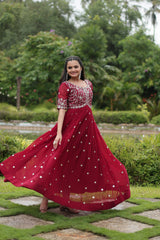 MITHILA MAROON BROIDERED ZARI SEQUINS WORK GOWN