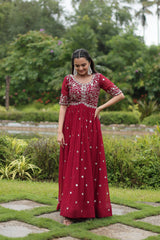 MITHILA MAROON BROIDERED ZARI SEQUINS WORK GOWN