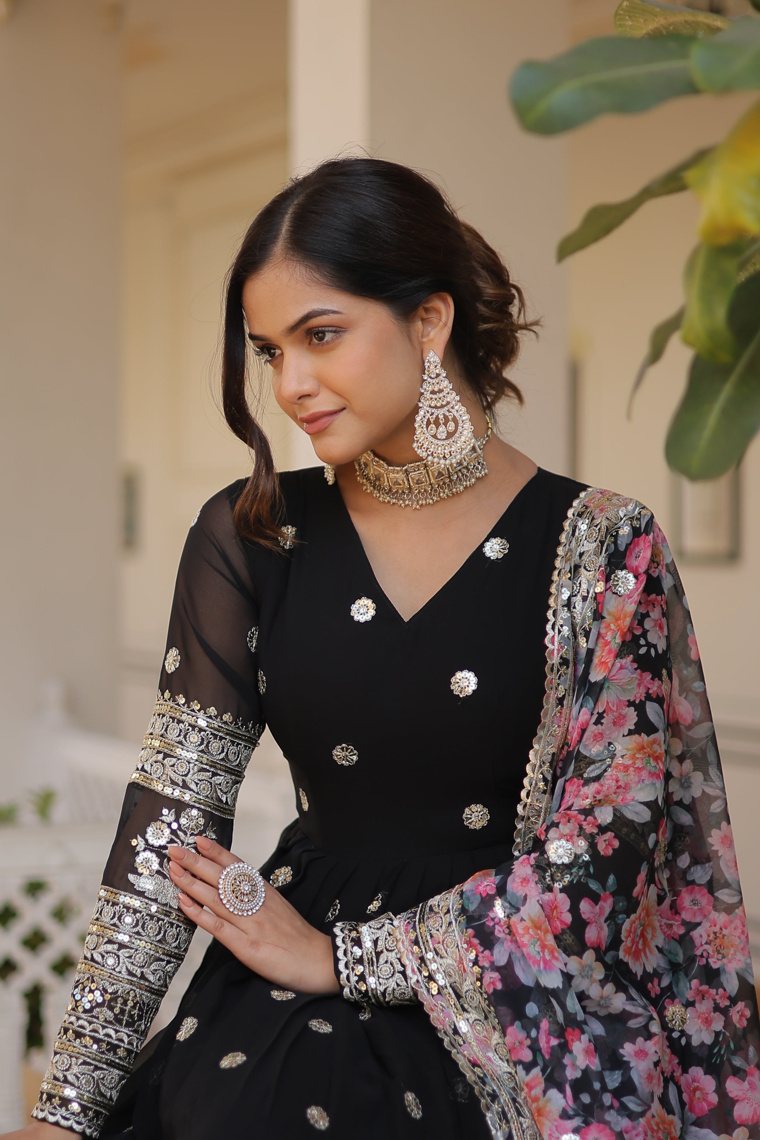 MOXA BLACK GEORGETTE EMBROIDERED ZARI  SEQUINS WORK GOWN WITH DUPATTA