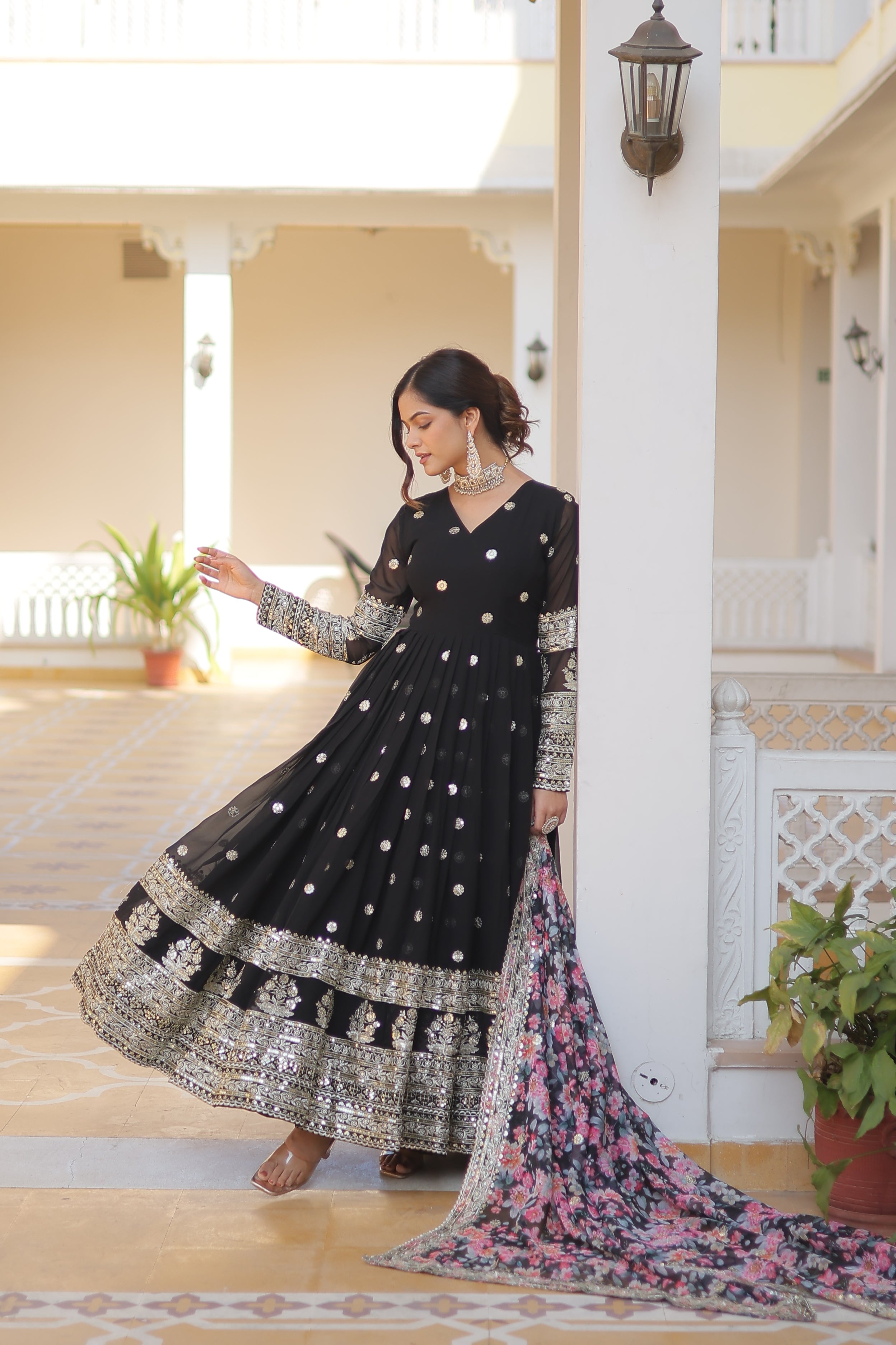 MOXA BLACK GEORGETTE EMBROIDERED ZARI  SEQUINS WORK GOWN WITH DUPATTA