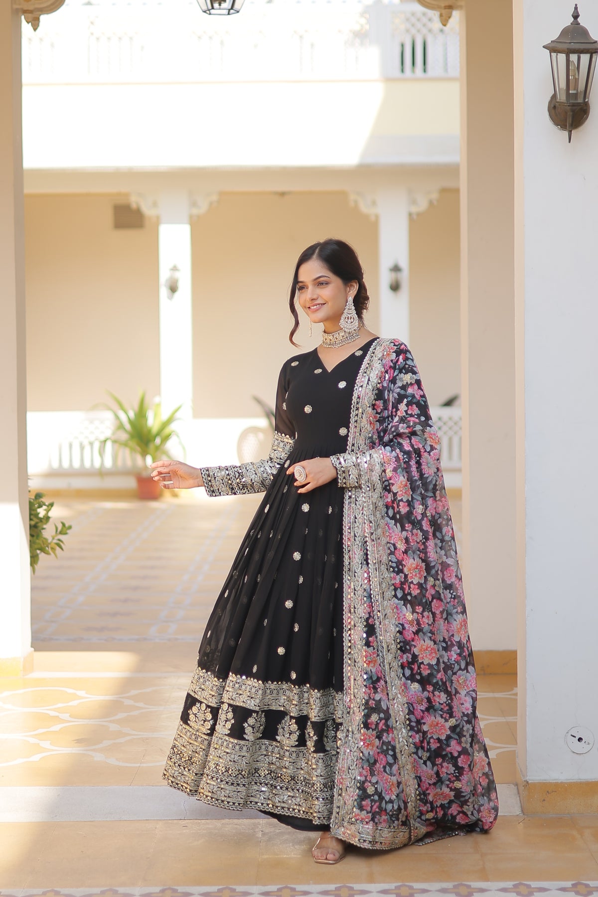 MOXA BLACK GEORGETTE EMBROIDERED ZARI  SEQUINS WORK GOWN WITH DUPATTA