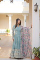 MOXA SKY GEORGETTE EMBROIDERED ZARI  SEQUINS WORK GOWN WITH DUPATTA