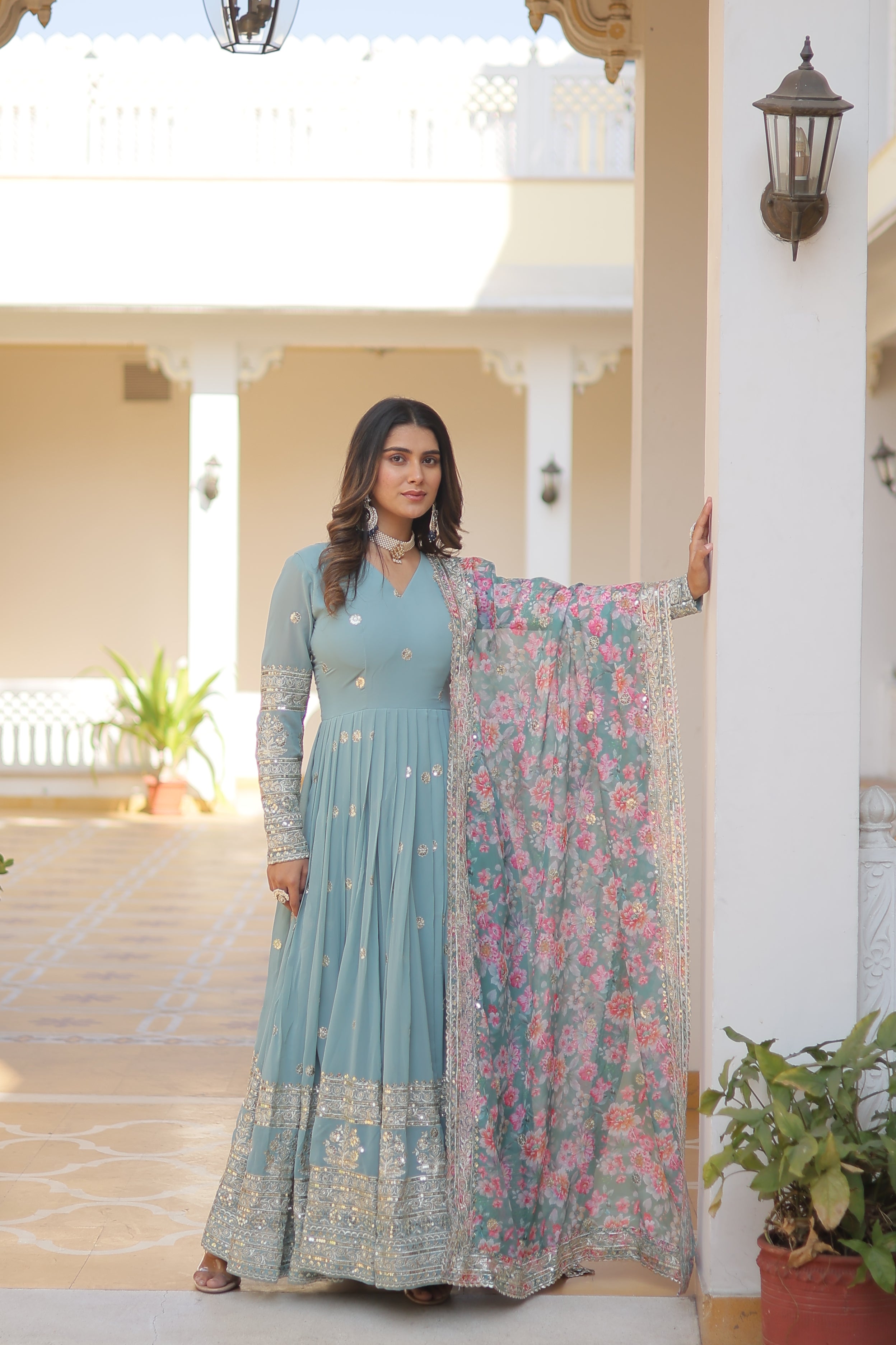 MOXA SKY GEORGETTE EMBROIDERED ZARI  SEQUINS WORK GOWN WITH DUPATTA