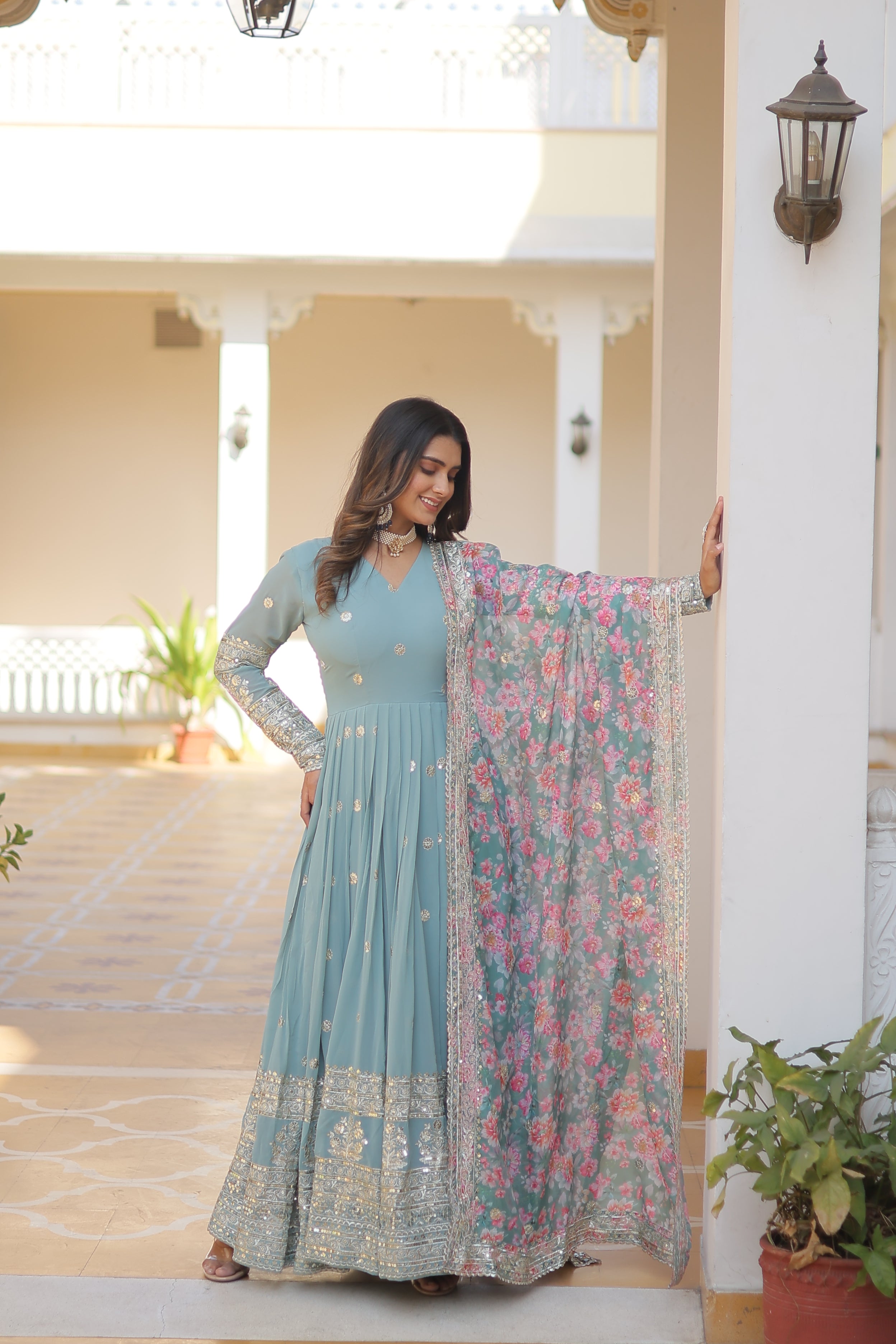 MOXA SKY GEORGETTE EMBROIDERED ZARI  SEQUINS WORK GOWN WITH DUPATTA