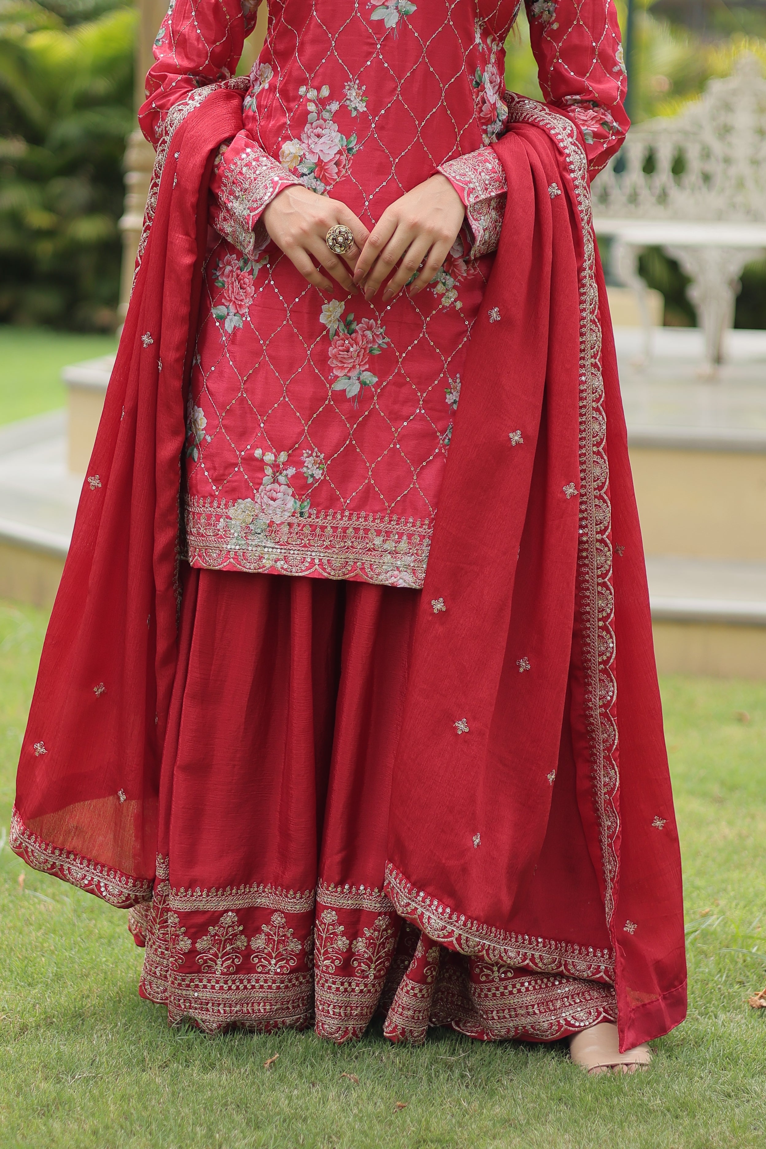 NANDINI MAROON THREAD EMBROIDERED WORK KURTA PLAZZA & DUPATTA SET