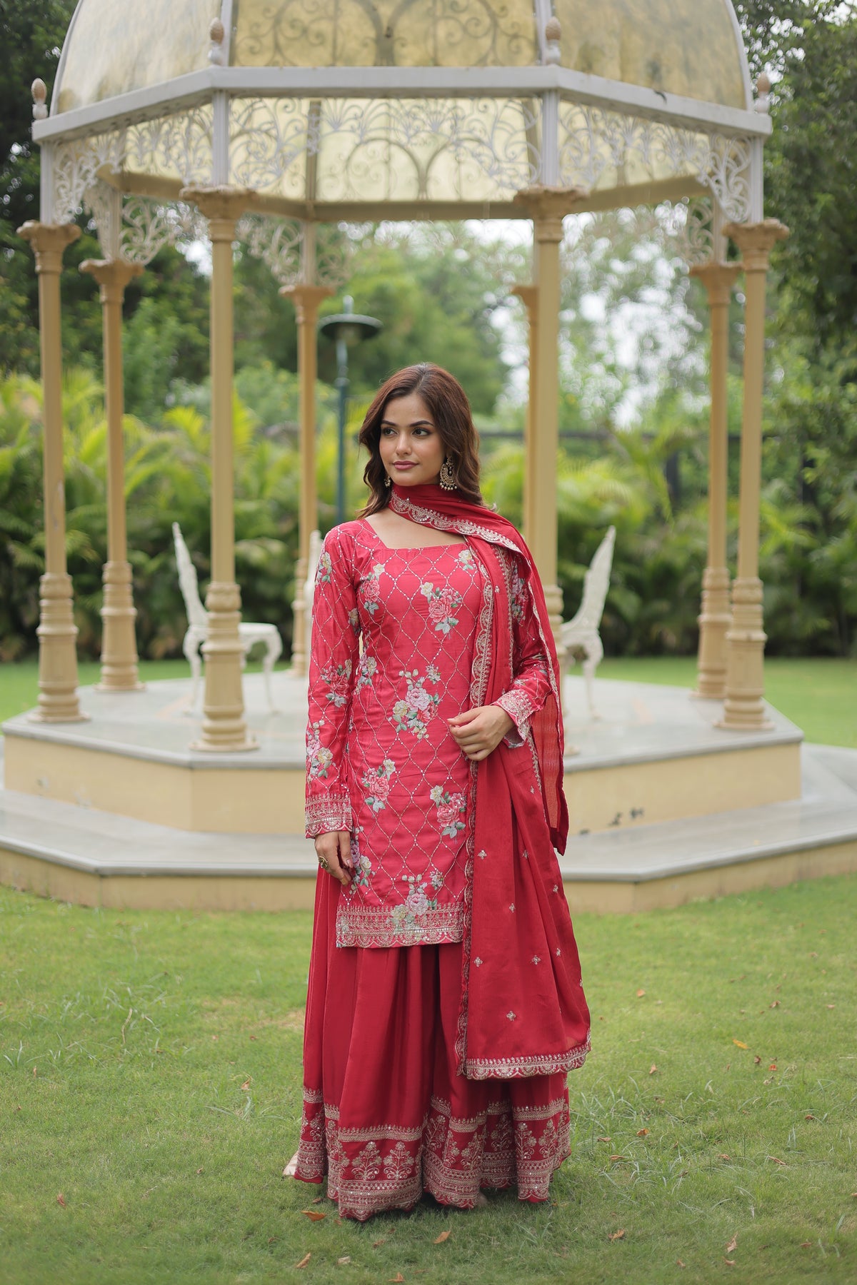 NANDINI MAROON THREAD EMBROIDERED WORK KURTA PLAZZA & DUPATTA SET