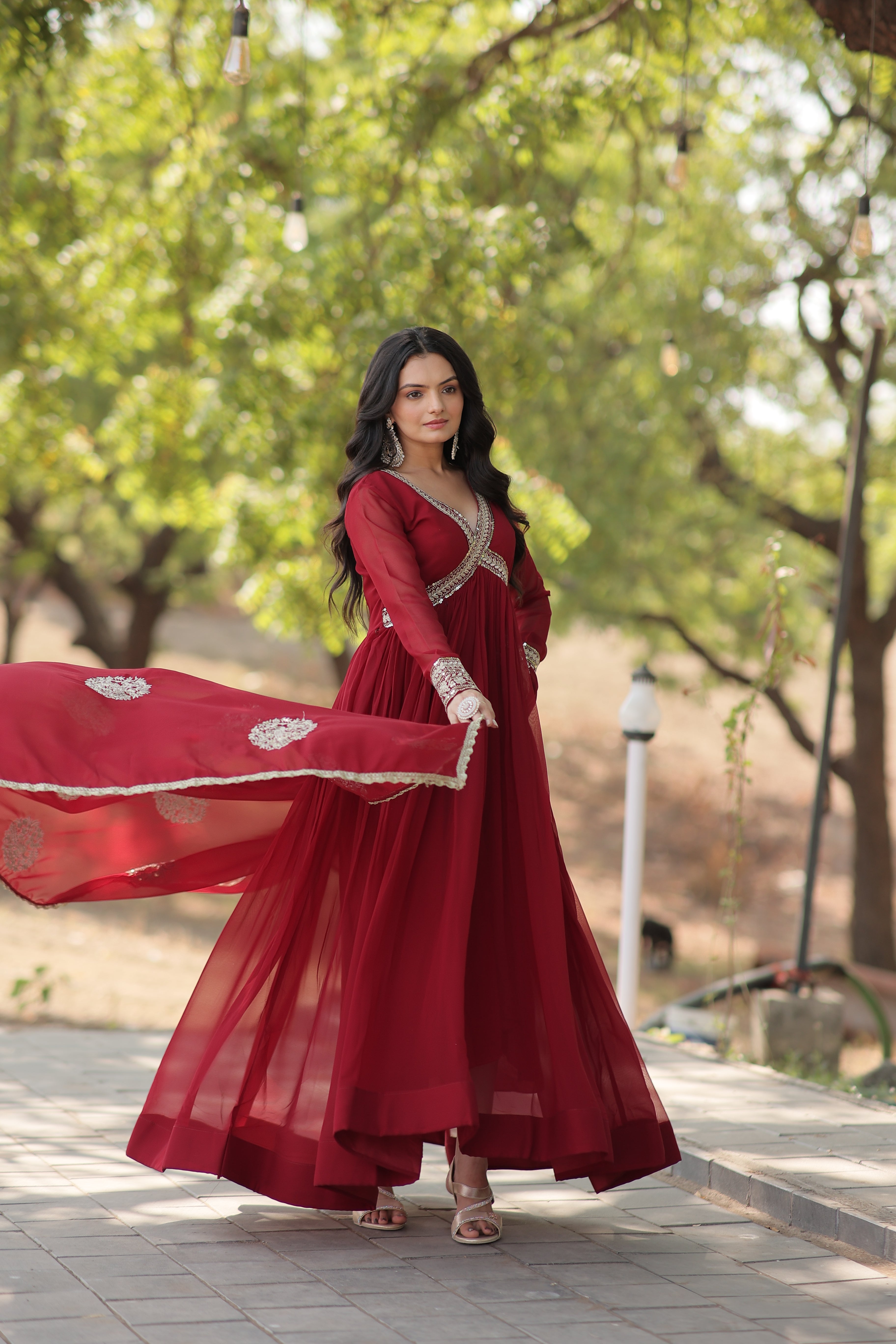 NEHA MAROON EMBROIDERED GOWN WITH DUPATTA