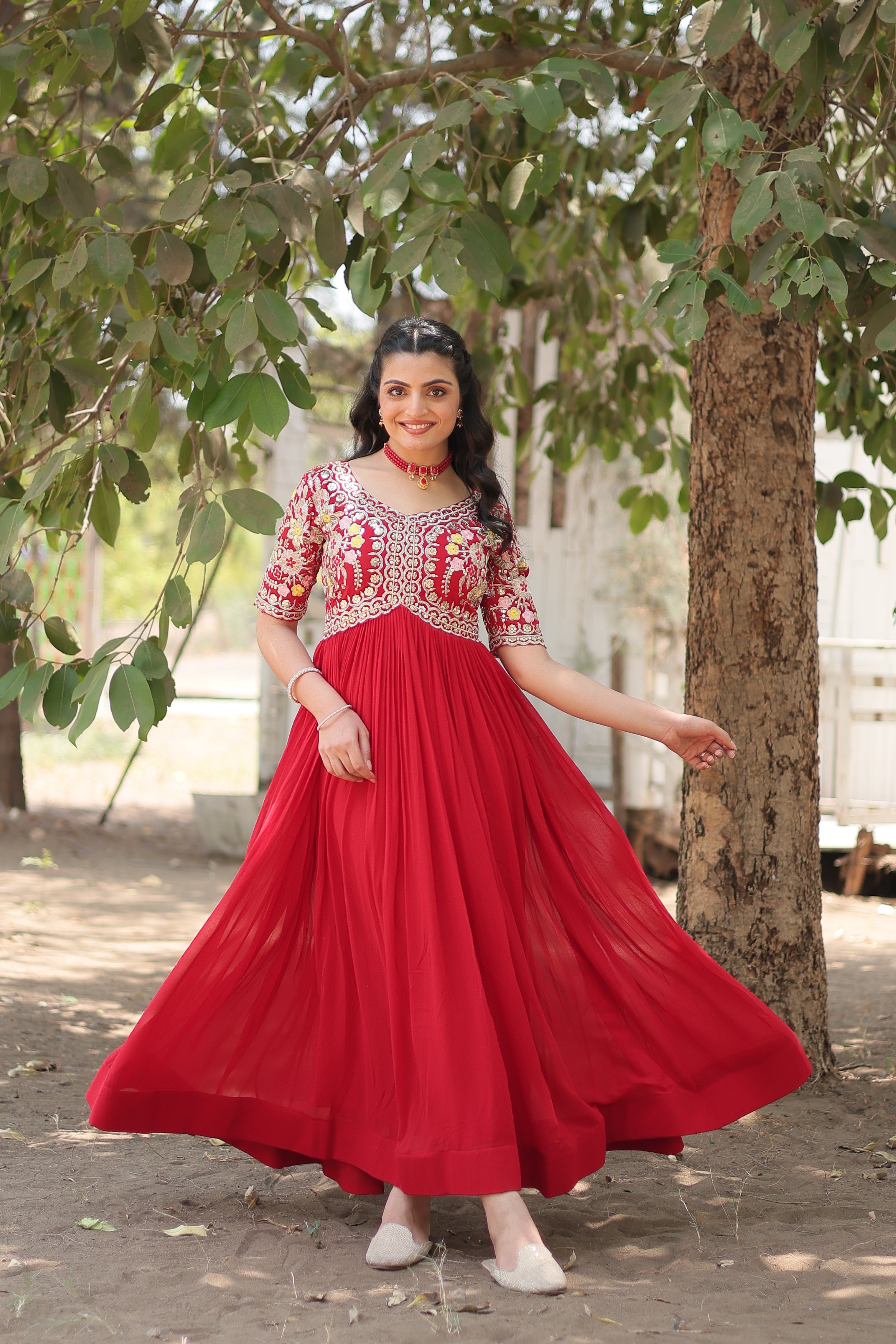 NIDHI RED THREAD AND SEQUINS EMBROIDERED GOWN