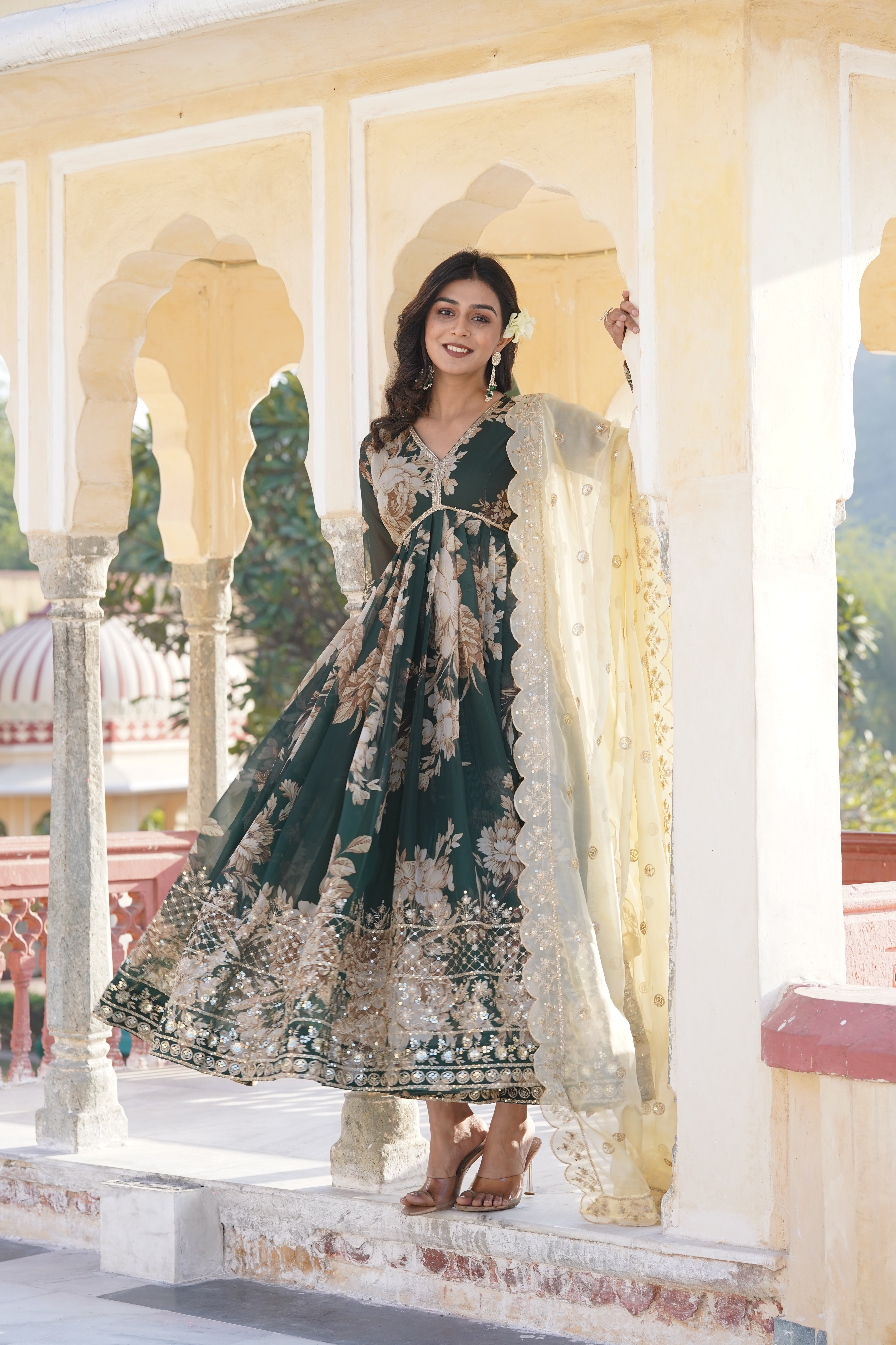 SHIVANI GREEN DIGITAL PRINTED EMBROIDERED GOWN WITH DUPATTA