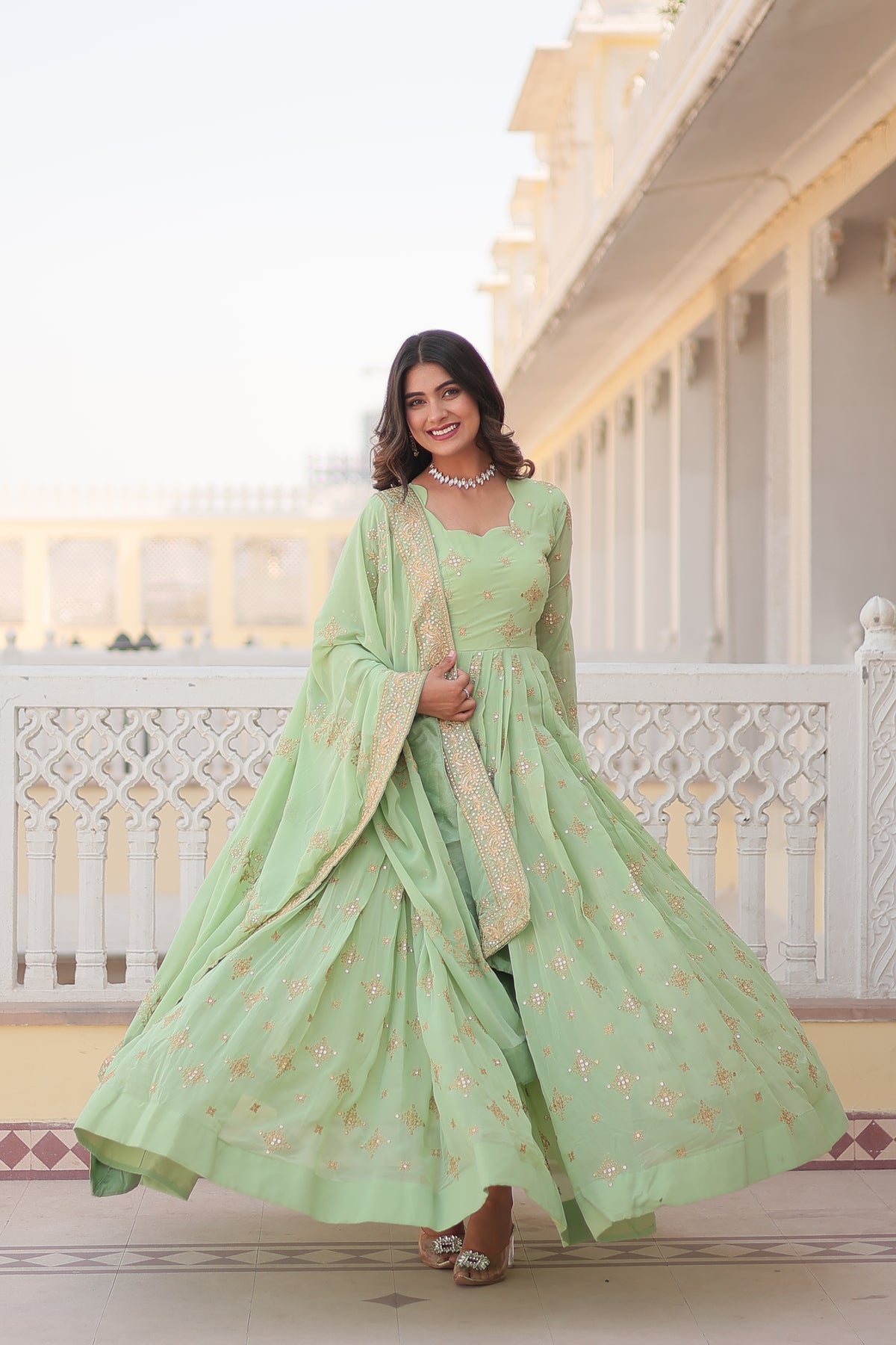 SHREELA PISTA BEAUTIFUL EMBROIDERED WORK GOWN WITH DUPATTA